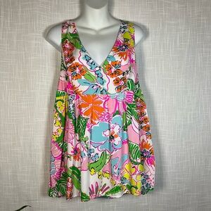 Lilly Pulitzer Top Size Large Pink, Orange, Blue Floral V-Neck